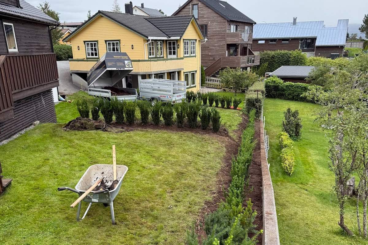 Grønn finstelt hage i boligområde